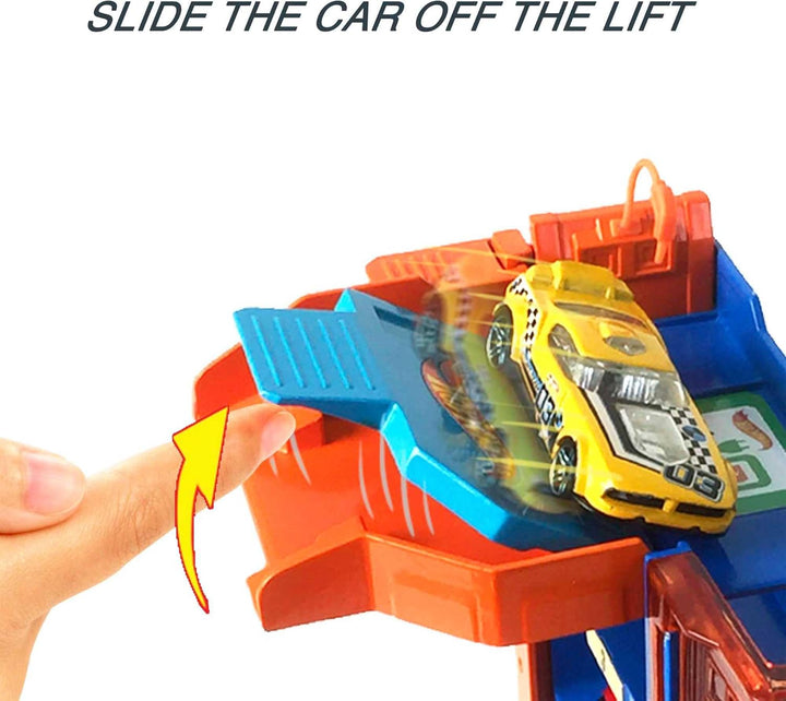 City Toy Track Set, Downtown Car Park Playset with 1:64 Scale Vehicle, 4 Levels, Working Lift & Exit Chute