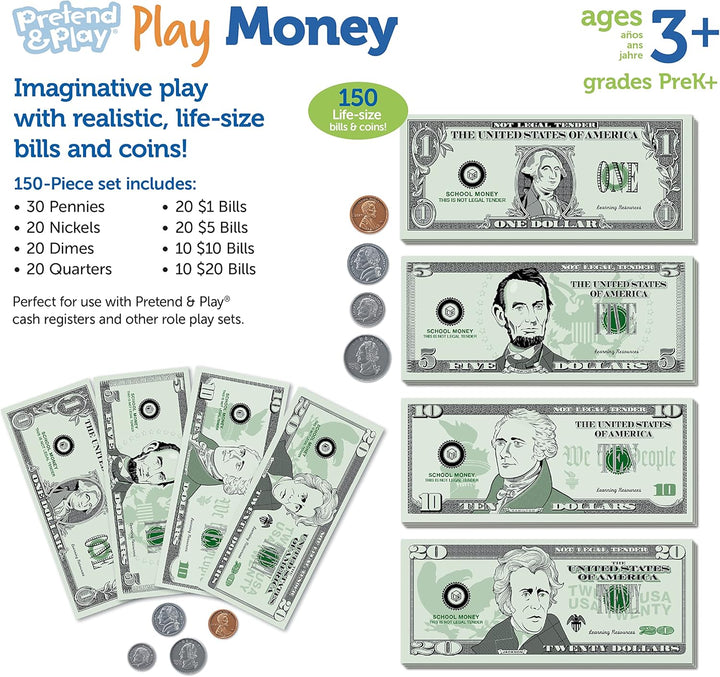 Pretend Play Money - 150 Pieces, Ages 3+ Play Money for Kids, Pretend Money for Kids, Play Money Set, Money and Banking Play Toys, Toddler Learning Toys, for Kids