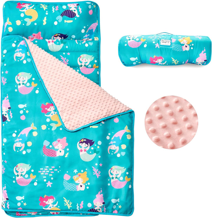 Toddler Nap Mat, Rollup Design Kid Sleeping Mat with Removable Pillow & Minky Blanket, Toddler Sleeping Bag for Daycare Preschool Travel Camping