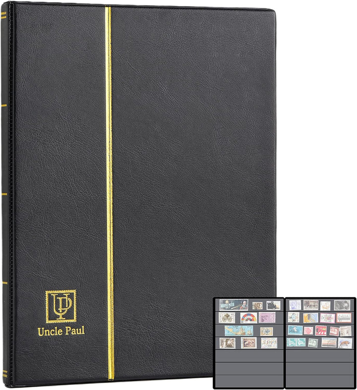 Stamp Albums 160 Pockets - Stockbooks with 30X197Mm Sleeves, 10 Double Sided Black Page with Leatherette Padded Black Cover, Collection Storage Folder for Paper Money Postage Stamps AS0108BK