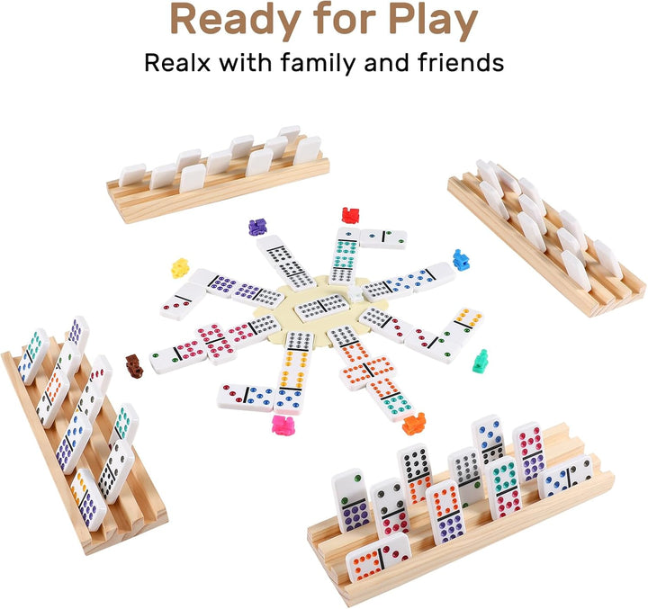 Mexican Train Dominoes Set with 4 Wooden Trays/Racks, Double 12 Dominos Travel Set with 4 Domino Tiles Holders, 91 Tiles Double 12 Colored Dominoes Game Set with Portable Case for Families Kids