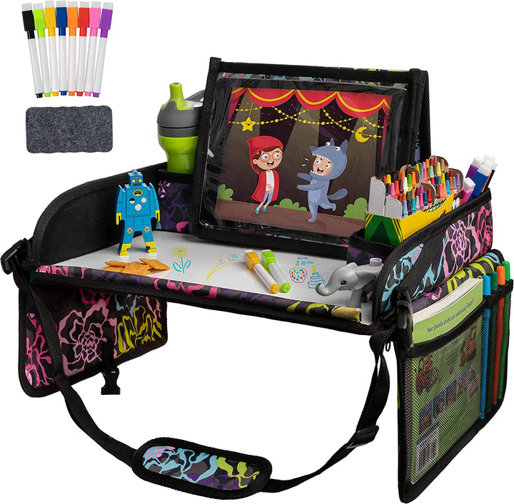 Car Seat Tray for Kids Travel - Black 600D Oxford Lap Desk Organizer with Dry-Erase Surface, Tablet Stand, Snack Holder & Cup Holder - Travel Tray for Kids Car Seat