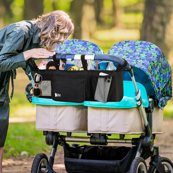 Double Stroller Organizer for Bob Duallie and Baby Jogger City Mini GT2, Double Baby Stroller Accessories with 2 Cooler Pockets, Parent Console Double Jogging Stroller Organizer(Empty Bag)