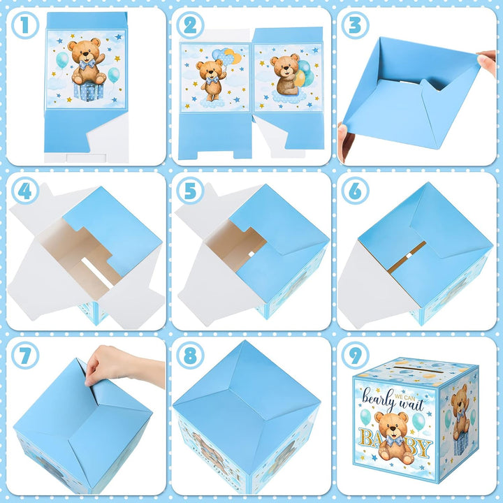 51 Pieces Bear Diaper Raffle Box with Tickets for Baby Shower Game Decoration Gender Reveal Party Blue Diaper Raffle Sign Bear Themed Insert Card Ticket Invitation Advice and Wishes