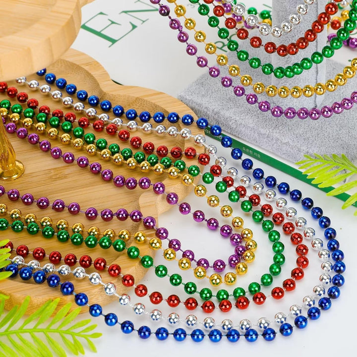 Mardi Gras Beads, 12PCS Bead Necklace Party Favors, Metallic 6 Kinds of 33" Beaded Necklaces Costumes Stuff, Festival Parade Throw Accessory Sets for Mardi Gras Celebrations Decorations