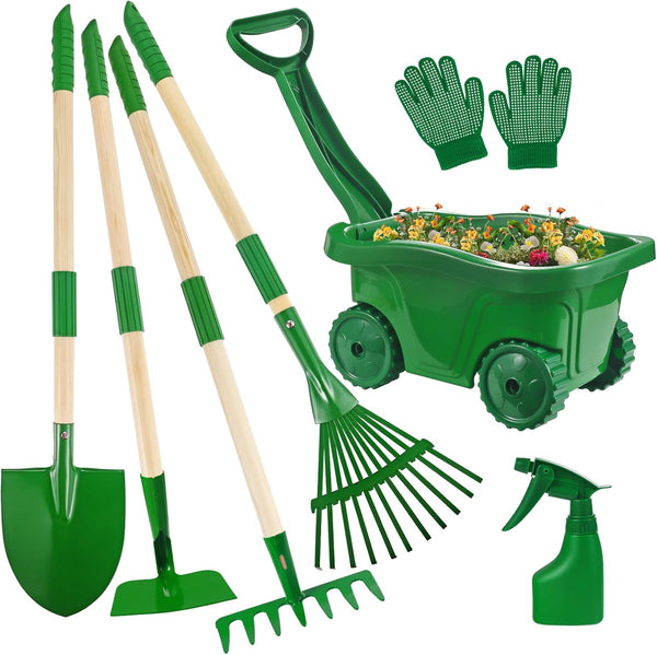 Kids Gardening Tools Set - 7Pcs Wheelbarrow Set for Kids with Shovel, Rake, Leaf Rake, Summer Outdoor Yard Digging Weed Toys, Halloween Birthday Gifts for Boys Girls Age 2 3+ Years Old(Green)