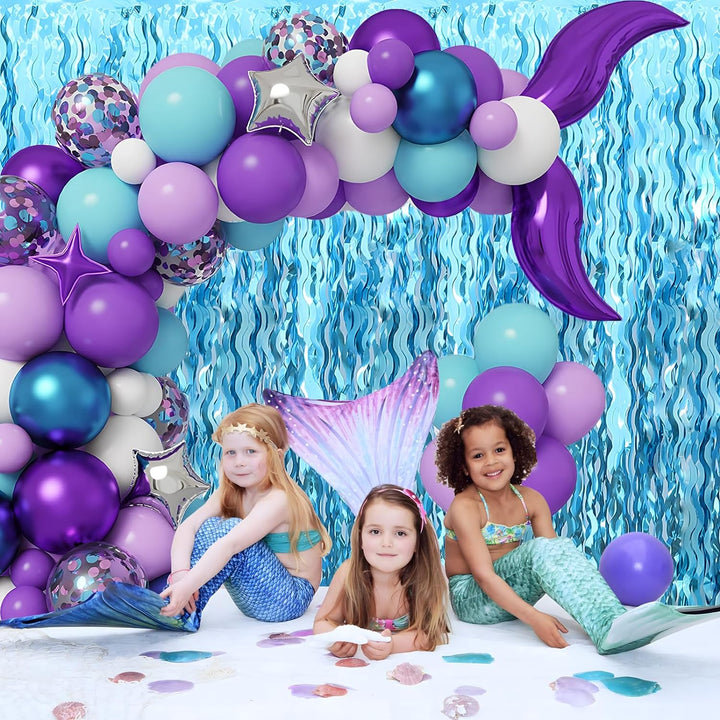 Wavy Tinsel Foil Fringe Curtains Teal Blue Streamers Backdrop for Ocean Themed Party Blue Birthday under the Sea Party Decorations(2 Pack,3.2 Ft X 6.6 Ft)