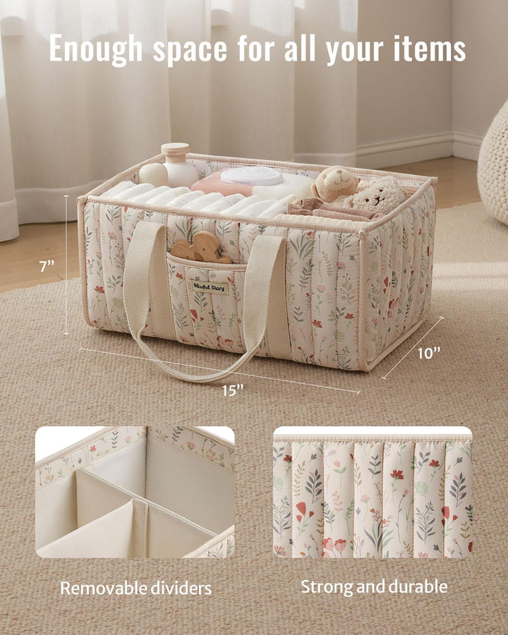 Floral Diaper Caddy Organizer, Stylish Nursery Storage Basket, Gift for Baby Shower, Newborn Essentials, Floral Beige