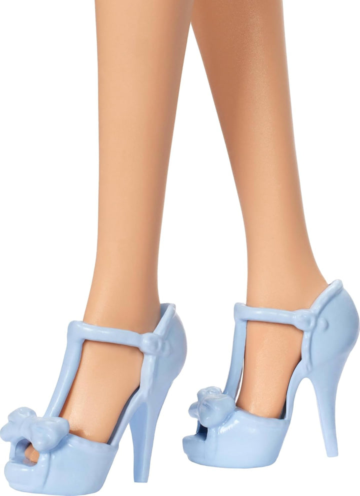 Fashionistas Doll #237 with Wavy Blonde Ponytail Wearing Blue Bow Halter Dress, Black Hair Bow Accessory and Matching Blue Heels