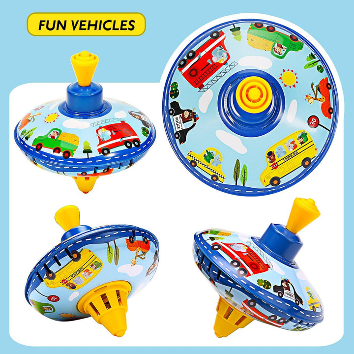Retro Spinning Top Tin Toy for Kids – Fun Vehicle Classic Toys - Toddler Traditional Spin Tops - Metal Fidget Spinner for Kindergarten – Sensory Gyroscope - Novelty Gifts Party Favors