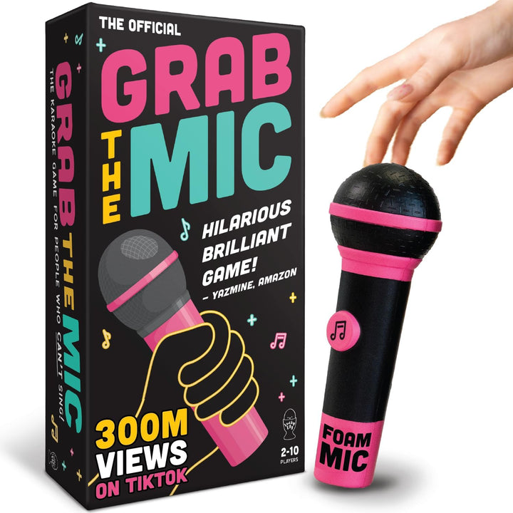 Official Grab the Mic – Family Karaoke Board Game, 8+ Year Olds, 2-10 Players - Games for Bad Singers with 250 Lyrics (125 Cards) for Hilarious Game Nights & Birthday Party, Kids Gift