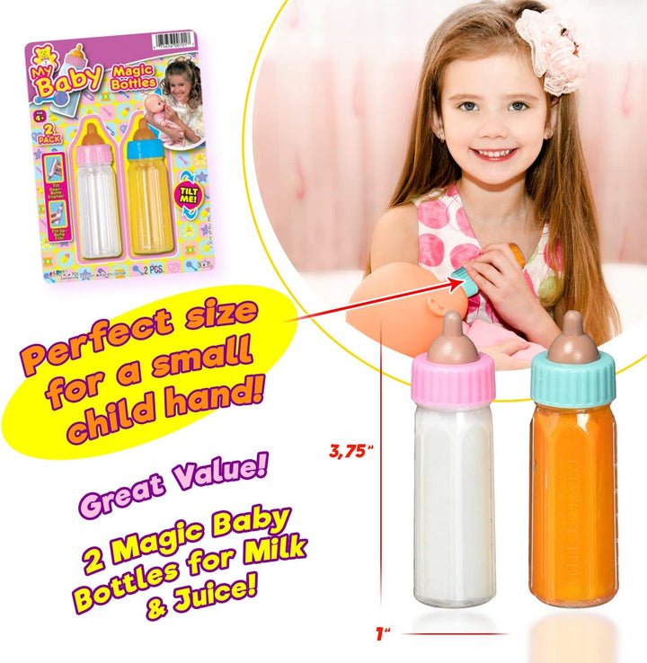 Magic Baby Doll Bottles Milk Bottle and Juice Bottle, Great Baby Doll Accessories. Set with 2 Bottles. 701-1
