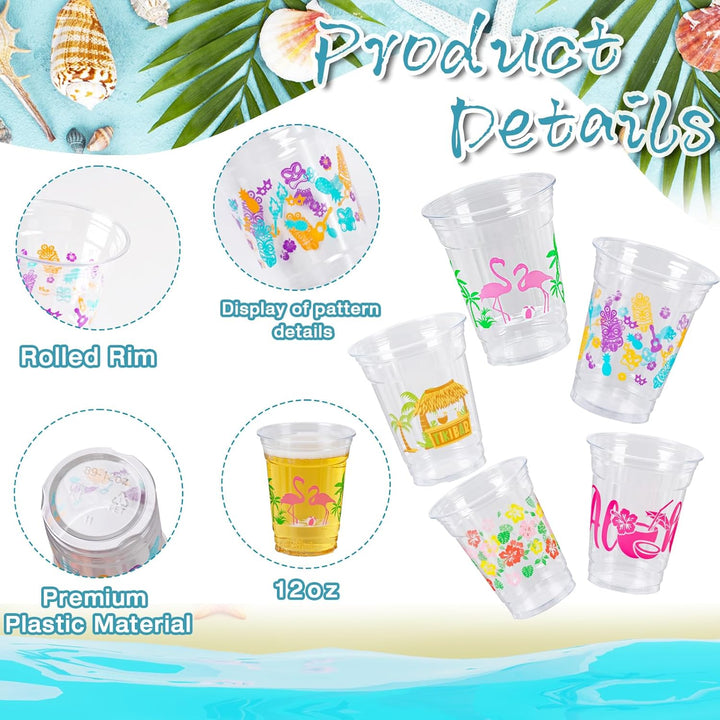 50 Luau Cups for Hawaiian Luau Party Decorations, 12 OZ Tiki Tropical Plastic Disposable Cups for Pool Flamingo Tiki Birthday Party Decor Supplies
