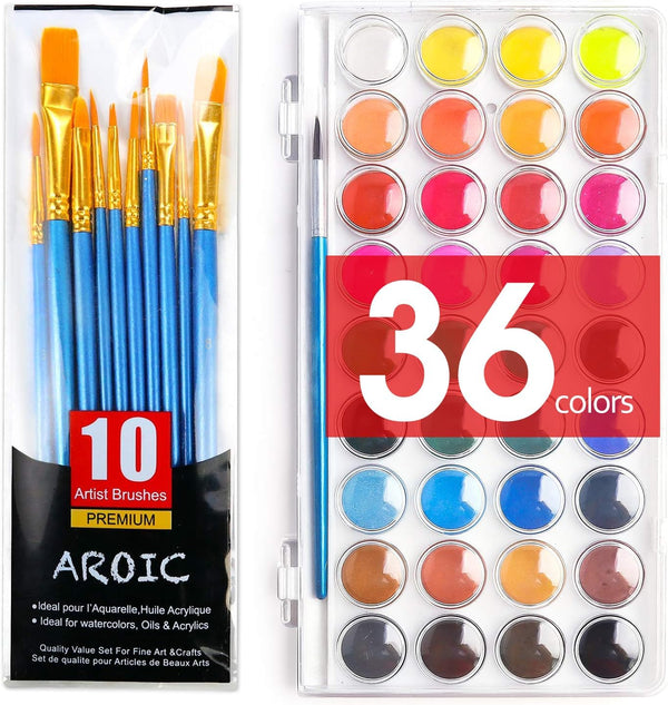Watercolor Paint Set, 36-Color Watercolor Paint with 10 Brushes, Non-Toxic Washable Watercolors for Kids & Adults, Art Supplies for Painting, Drawing, DIY Crafts, School, Classroom, Artist Use