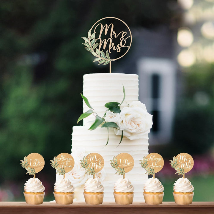Mr & Mrs Cake Topper Greeny Wedding Cake Topper in Wood (Design 02)