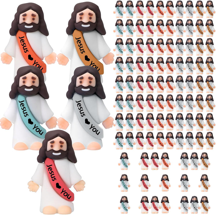 100 Pcs Little Jesus Figures Jesus Loves You Original Design Rubber Pocket Toys Little Figures to Hide and Seek Sunday School Religious Party Share Gifts(Vibrant Color)