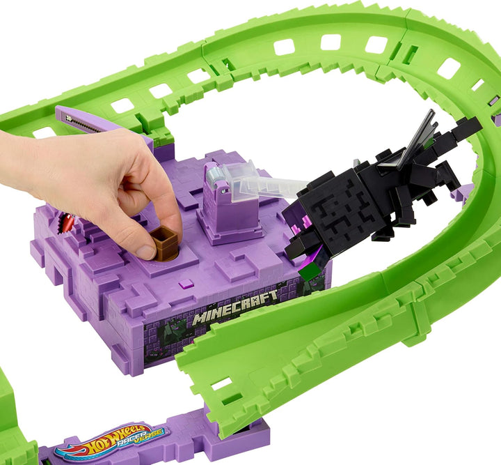 Toy Car Track Set, Racerverse Minecraft Playset & Die-Cast Diamond Armor Steve in Minecart Vehicle, Launch & Race to Defeat Ender Dragon