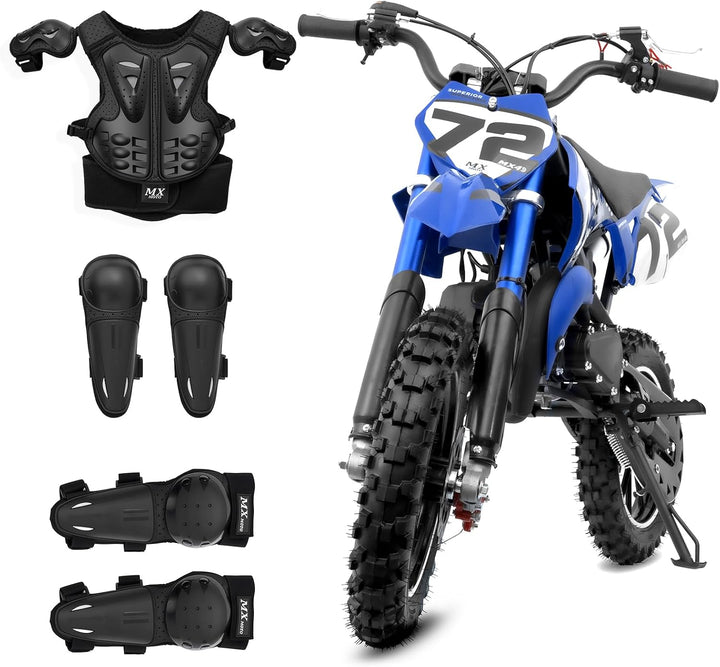 49CC Gas Dirt Bike for Kids 24 MPH Max Speed, Front/Rear Disc Brakes, Dual Suspension, Easy Pull Start - Mini Off-Road Motorcycle, with Armor 250 LBS Capacity Red