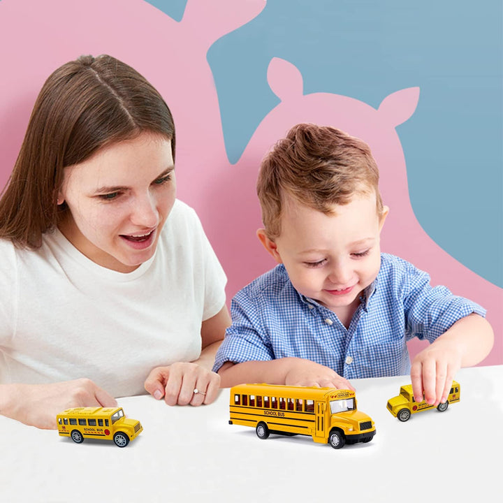 3 Pack Pull Back School Bus Playset, Die-Cast Metal Toy Vehicles with Bright Yellow for Boys Girls Kids Toddlers