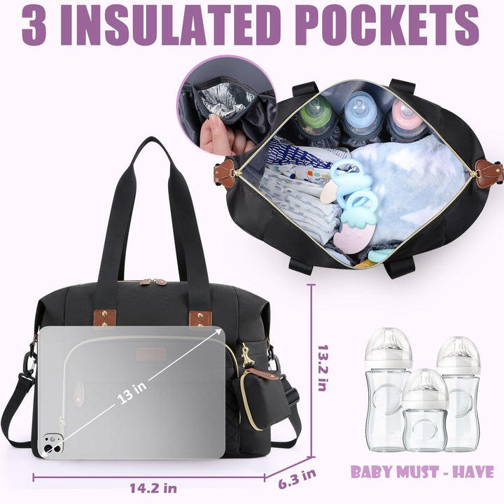 Diaper Bag Tote,Baby Diaper Bag with Pacifier Case Large Travel Diaper Tote Caddy for Mom and Dad Multifunction Large Baby Bag - M-Black