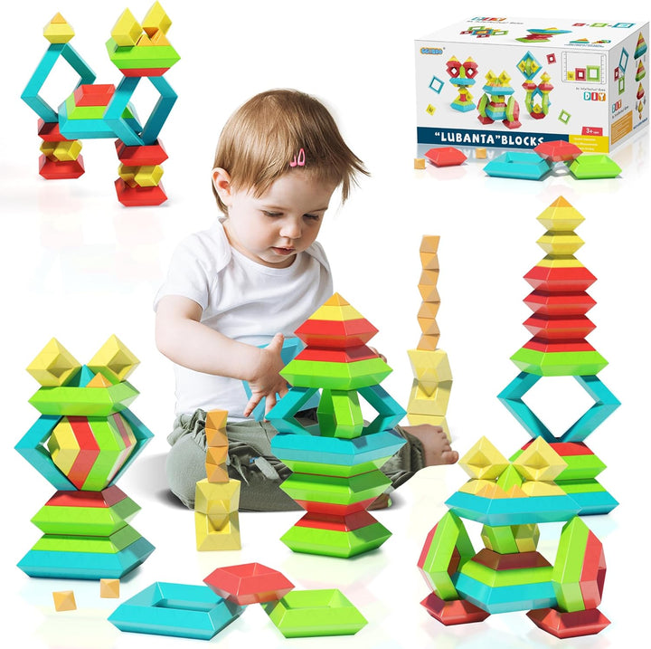 Montessori Toys for Ages 1-3 2-5 Toddlers Kids Baby,Pyramid Stacking Building Toys,3D Preschool Learning Blocks for Kids,Stem Sensory Toy Gifts for 2-4 Year Old Boy Girl,Plastic Storage Bag Set