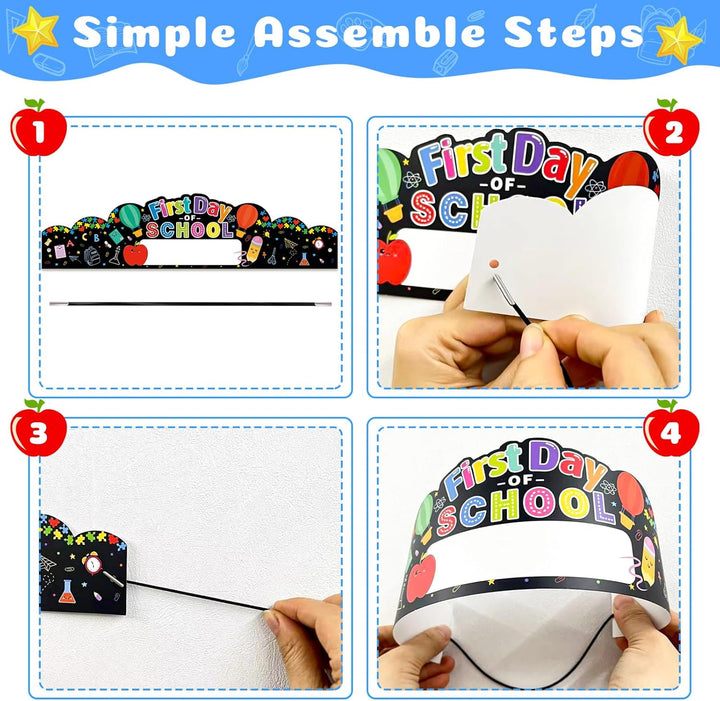 First Day of School Crowns Decorations 24Pcs Adjustable Kids First Day of School Paper Cap Headband Gifts for Kids Students,Back to School Party Hats for First Day of Kindergarten Preschool