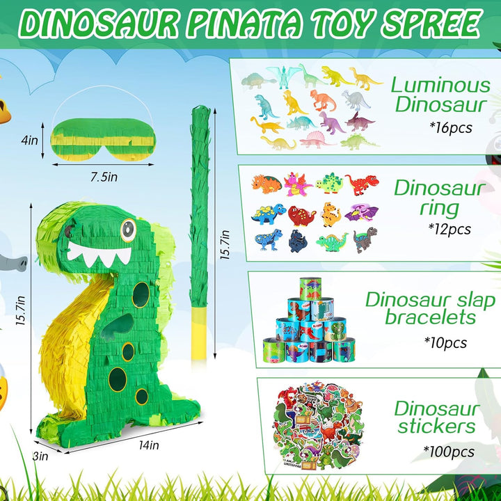 141 Pcs Dinosaur Piñata for Birthday Party, Dino Piñata Set with Blindfold and Baton, 16 X 12 X 3 Inch, Kids Dinosaur Themed Party Favors for Boys and Girls(Lovely Style)