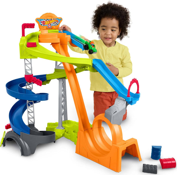 Little People Toddler Toy Hot Wheels Spiral Stunt Speedway Race Track Playset with 2 Cars for Pretend Play Kids Ages 18+ Months