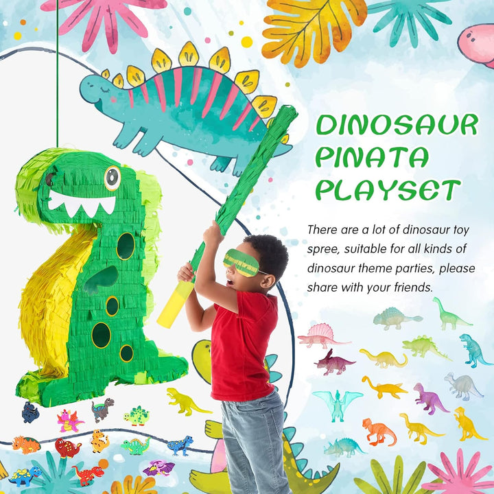 141 Pcs Dinosaur Piñata for Birthday Party, Dino Piñata Set with Blindfold and Baton, 16 X 12 X 3 Inch, Kids Dinosaur Themed Party Favors for Boys and Girls(Lovely Style)