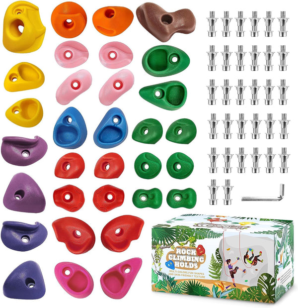 32 Rock Climbing Holds Multi Size for Kids, Adult Rock Wall Holds Climbing Rock Wall Grips for Indoor and Outdoor Playground Play Set - Includes 2 Inch Mounting Hardware