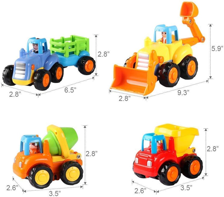 4 Pack Friction Powered Cars Construction Vehicles Toy Set Cartoon Push and Go Car Tractor, Bulldozer, Cement Mixer Truck, Dumper for Year Old Boy Girl Kid Gift