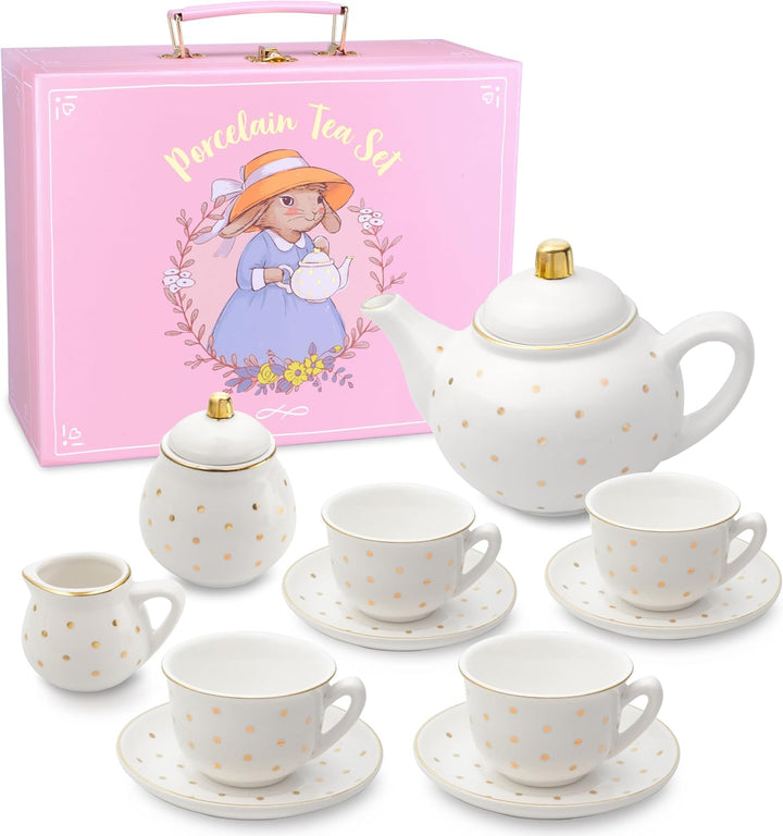 Porcelain Tea Set for Girls - White & Floral Tea Party Set for Kids I Complete Children Tea Sets with Carry Case, Teapot, Cups and More, Birthday Gift for Little Girls & Toddlers