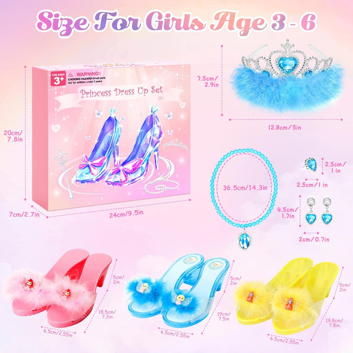 Princess Dress up Shoes Set, Toddler Pretend Jewelry Boutique Kit, Girls Role Play Dress up Toys, Princess Shoes Crown Necklace Earrings Ring Gift Set for Little Girls Aged 3-6 Years Old