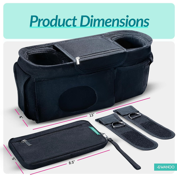Stroller Caddy Organizer with Cup Holder, Non Slip Straps Bag for Phone, Pet Stroller Accessories, Universal Fits Uppababby Vista V2 Wonderfold Wagon, Doona and More