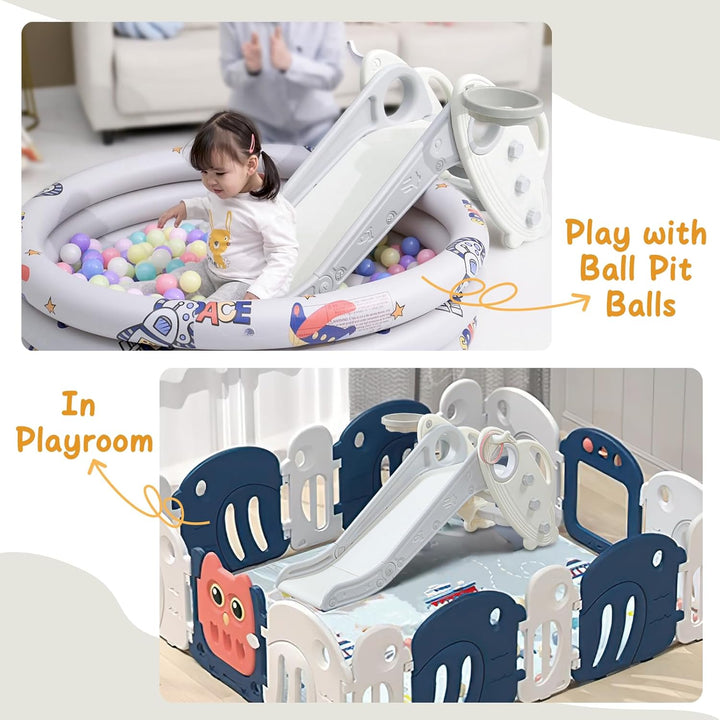 Kids Slide for Toddlers Age 1-3 Indoor Baby Plastic Slide Outdoor Climber Freestanding Playset with Basketball Hoop & Ring Game Grey