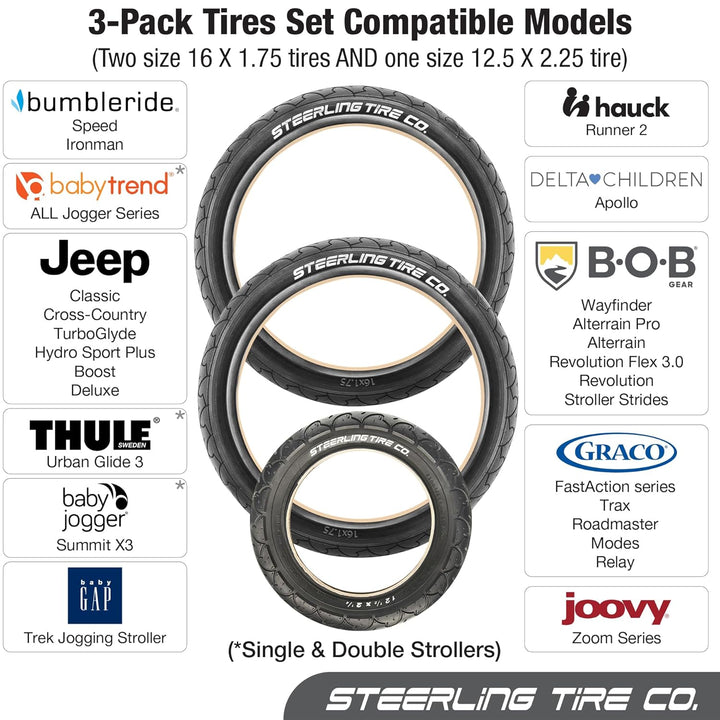 Two 16" X 1.75 Rear and One 12.5" X 2.25 Front Wheel Replacement Tires for Jogging Strollers - the Perfect BOB Stroller Tire Replacement Set by  (3-Pack)