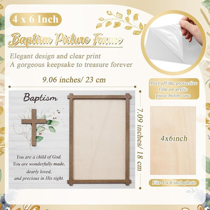 Baptism Photo Frame with Gift Box 4 X 6 Inch Baptism Wooden Picture Frame Catholic Keepsake Gifts for Girl Boy Baby Shower Godchild New Baby Religious Christening Party Favors(Leaf)