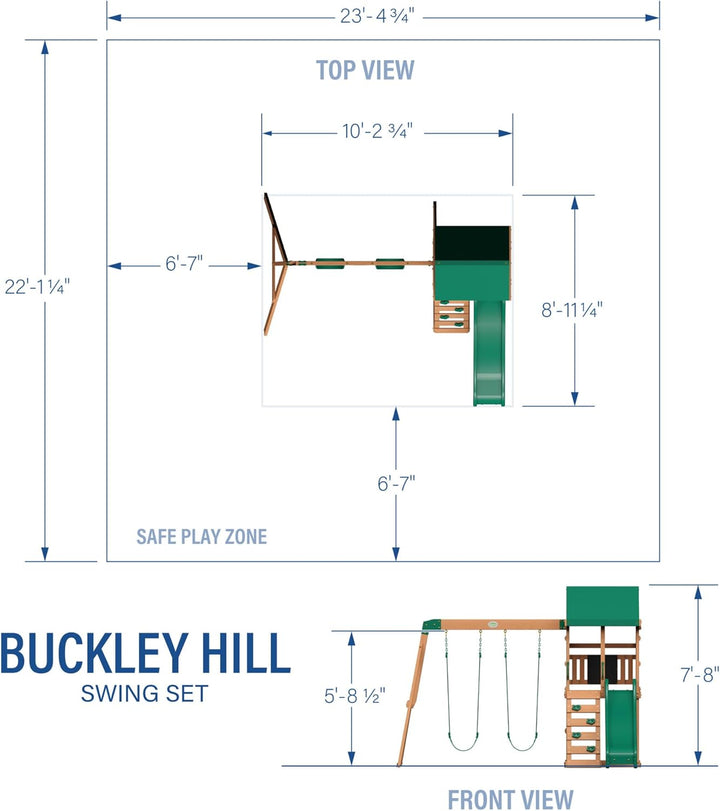 Buckley Hill Cedar Wood Swing Set with Wave Slide, Play Deck, Rock Wall Ladder, Belt Swings, Chalkboard, Canopy Roof, Outdoor Playset