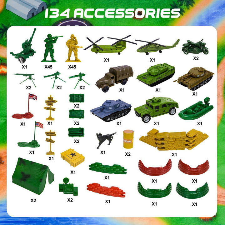 Army Men Playset with Plastic Army Men Action Figures, Military Toys with Mat, Toy Soldiers for Boys with Green Tanks, Army Toys for Boys Age 4-8-12