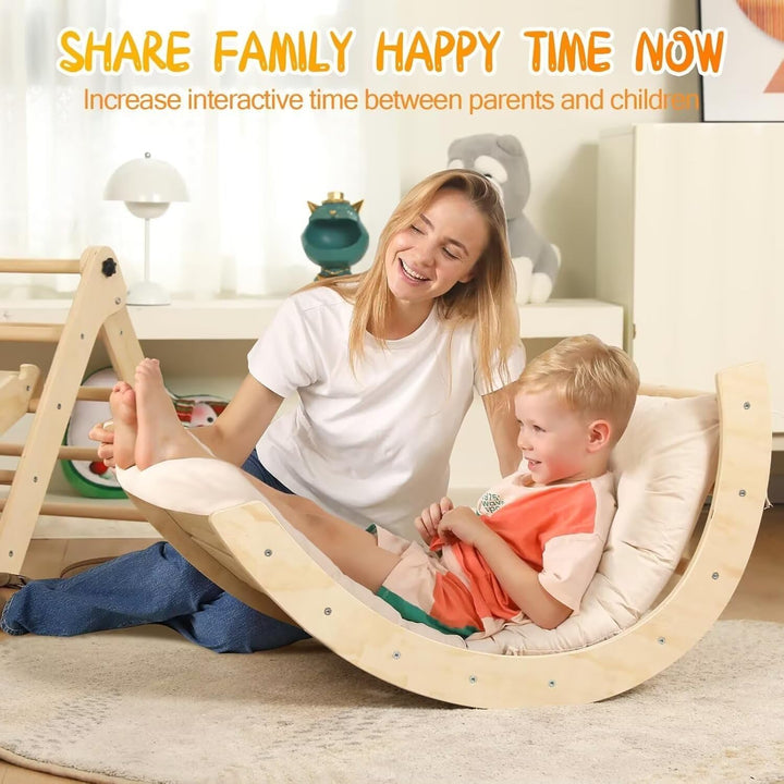 Pikler Triangle Set with Cushion, 7 in 1 Toddler Climbing Toys Indoor, Montessori Foldable Climbing Set, Wooden Climbing Toys for Toddlers 1-3 inside with Ramp, Arch and Ladder (Nature Wood)