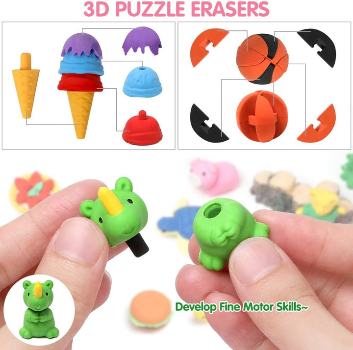 100 Pack Animal Pencil Erasers 3D Desk Pet for Kids Mini Puzzle Take Apart Eraser Student Classroom Prizes Rewards Easter Egg Fillers Treasure Box Back to School Supplies Kid Party Favors Gift