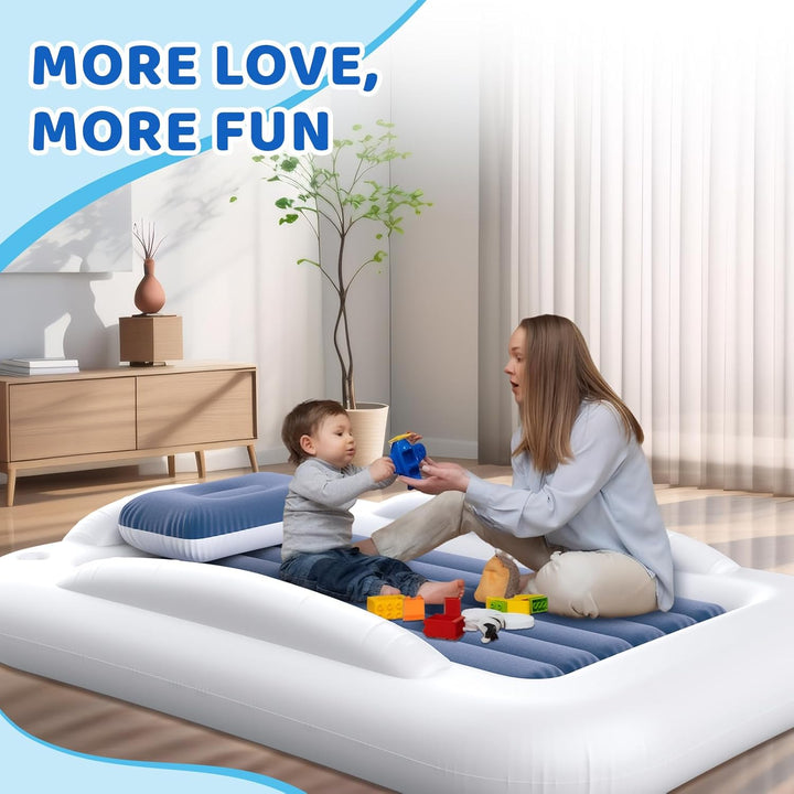 Inflatable Toddler Travel Bed - 60 Inches Portable Toddler Bed for Travel with Safety Sides - Cozy Kids Air Mattress Set with High-Speed Pump & Carry Case - Lightweight & Easy to Inflate -Blue
