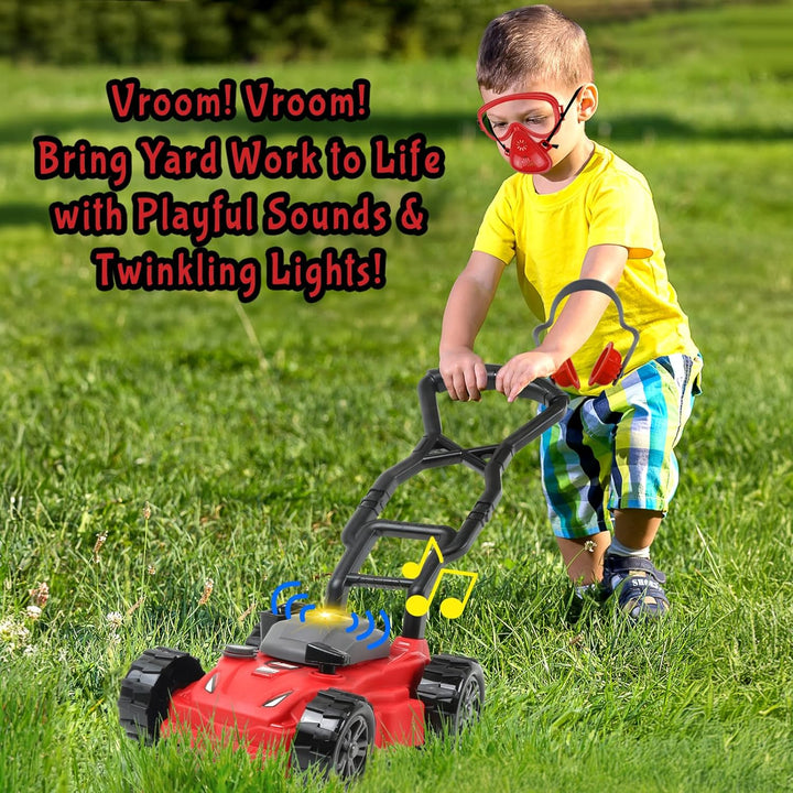 Kids Leaf Blower, Toy Chainsaw, and Lawn Mower Set | Realistic Toddler Landscaping Power Tools with Sound and Action| Includes Safety Goggles Mask and Earmuffs