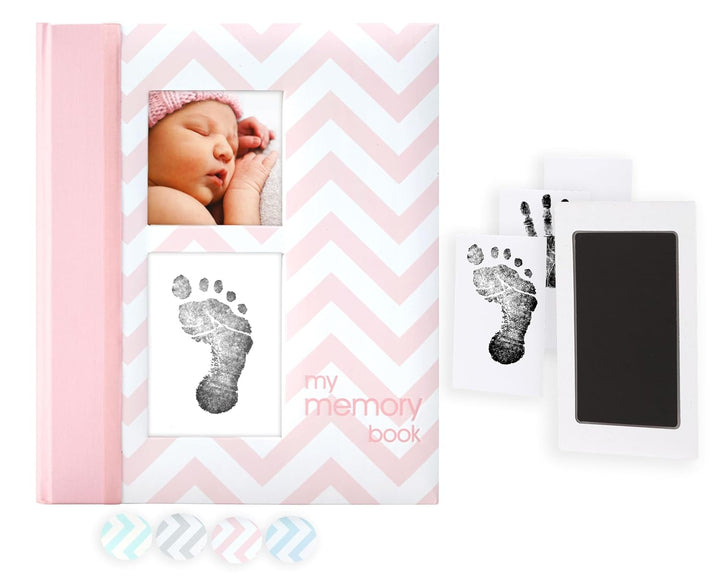 Baby Memory Book, First 5 Years Baby Milestone Book, Pregnancy Journal, Gender Neutral Newborn Keepsake, with Clean-Touch Ink Pad for Baby'S Handprint or Footprint, Pink Chevron