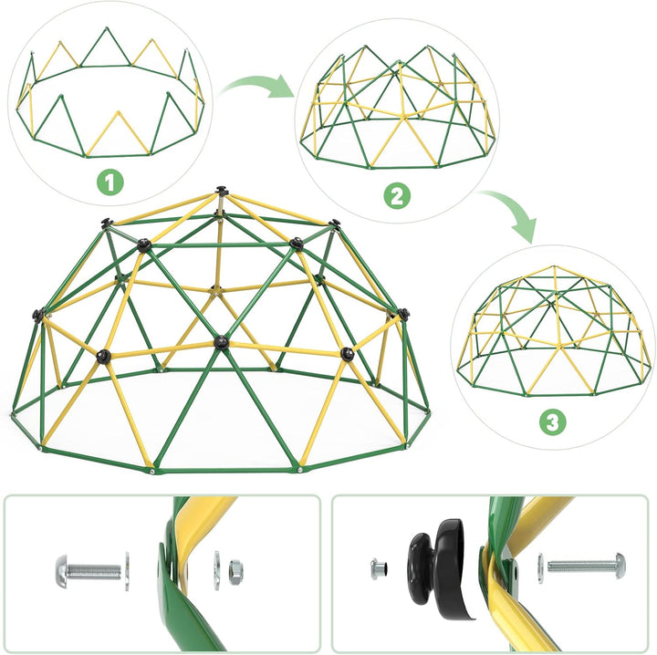 Climbing Dome, 10FT Dome Climber with Hammock for Kids 3 to 10 Outdoor Play Equipment, Supports up to 1000Lbs Jungle Gym, Anti-Rust, Easy Assembly, Yellow+Green