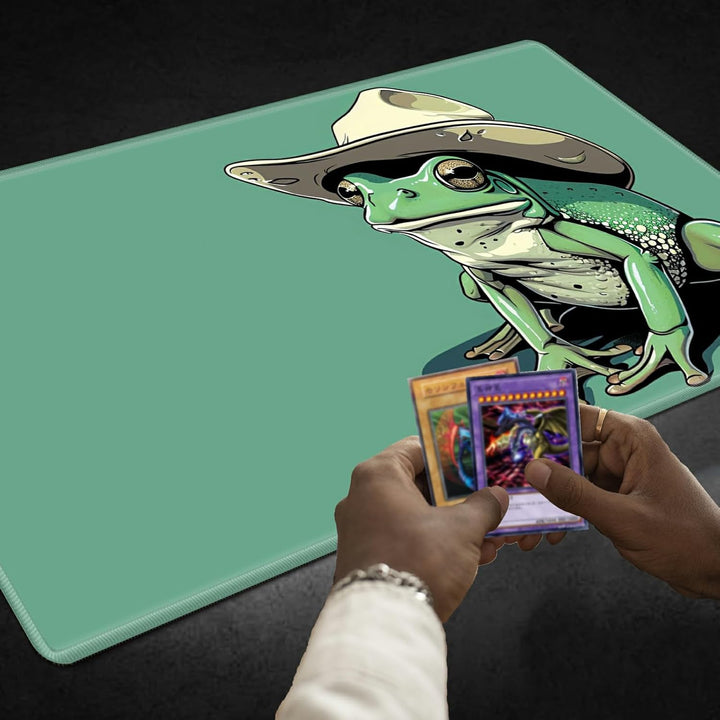TCG Playmat Board Game Mat plus 50 Pcs Card Sleeves, 24 X 14 Table Mats Game Mousepad with Soft Surface Non-Slip Base for MTG RPG CCG Trading Card Game Playmats, Green Frog