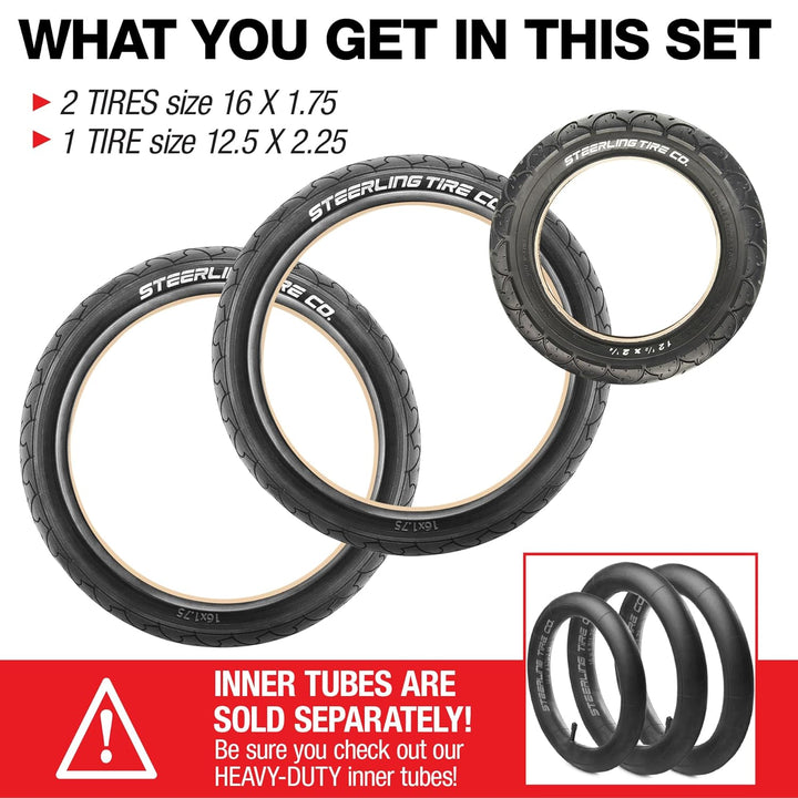 Two 16" X 1.75 Rear and One 12.5" X 2.25 Front Wheel Replacement Tires for Jogging Strollers - the Perfect BOB Stroller Tire Replacement Set by  (3-Pack)