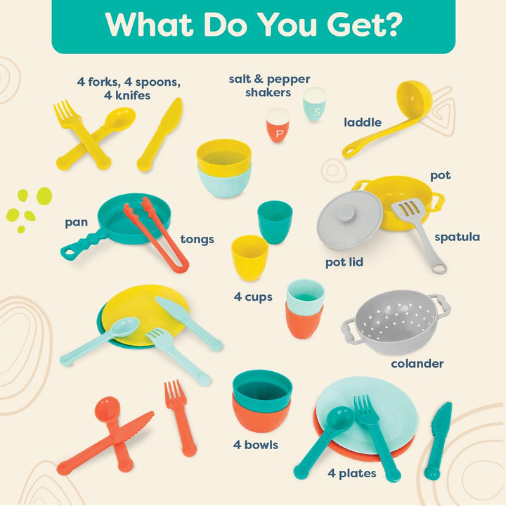 – Play Kitchen Accessories – Cookware, Dishes, Utensils – 33 Pieces Play Set for Kids – Pretend Play Toys – 3+ Years– Mini Chef Kitchen Set