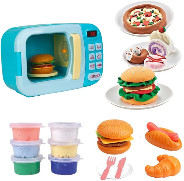 Microwave Toys Kitchen Play Set with Light Sound,Kids Pretend Play Electronic Oven with Play Food and 6 Color DIY Play-Dough for Children Ages 3+ Years (Blue)