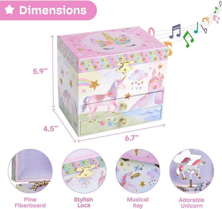 Enchanting Unicorn Musical Jewelry Box for Girls - Sparkling Rainbow Design Music Box with 2 Pullout Drawers to Store Earrings, Necklace and Bracelets - Plays the Beautiful Dreamer Tune